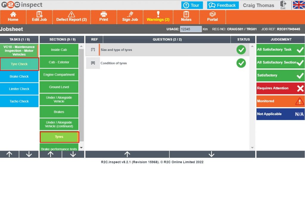 Step 1– The remaining sections can now be completed in the same way. Some of the sections have a spawned task attached, for example the tyre section spawns the Tyre Check task. Click Tyre Check.