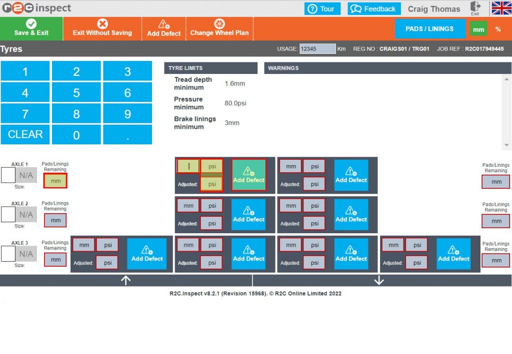 Step 2– The wheel plan should be pre-set however this can be amended if incorrect with the use of ‘Change Wheel Plan’ in the top bar. The measurements can be set against the brake pads, tyre tread depths and pressures with any defects placed against that corner. Where a measurement changes during inspection i.e., a pad is changed, the new measurement should be placed here and the original measurement added to the defect report.