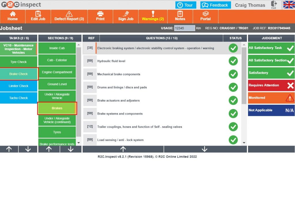 Step 5– The Brakes section also spawns a task, the Brake Check which refers to the brake test, Click Brake Check.