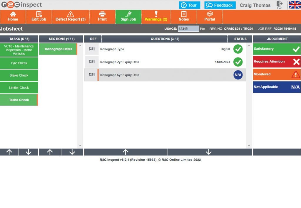 Step 8– The tacho check is not a tacho inspection but is simply asking the technician to confirm the information held on the database, therefore when opening this task, the previously entered info should already be present. This information should be confirmed by selecting Satisfactory or requires attention if, for example the tacho expiry has lapsed.