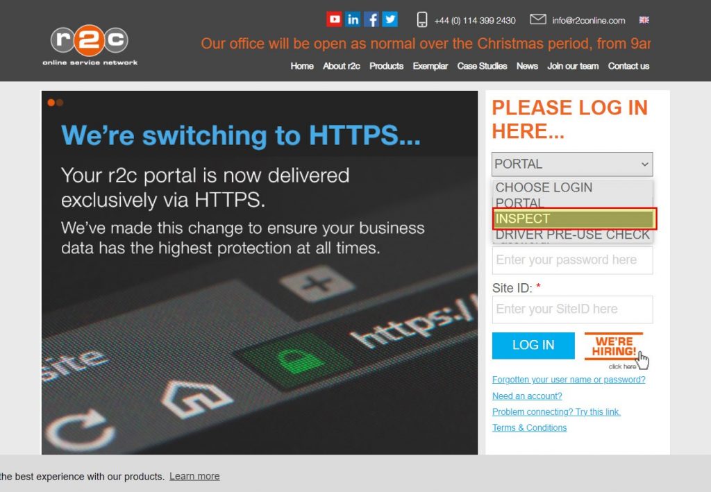 Step 3 – Once the user has logged in for the first time, the licence code should have been saved to the machine, therefore to login in the future, inspect can now be selected from the drop-down list on the main login page which will direct the user straight to the inspect login page.