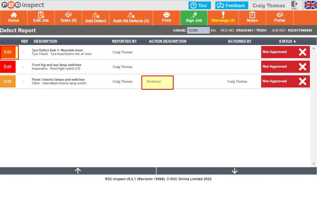Step 2– Out of the three defects shown here, one already has an action against it, in this case to be monitored. To action the next defect Click Edit.
