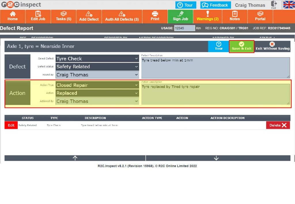 Step 3– The action taken can now be entered, in this example the fault has been repaired, therefore the type is a Closed Repair. Actioned By may be a different Technicians name, such as, an in-house welder or electrician.