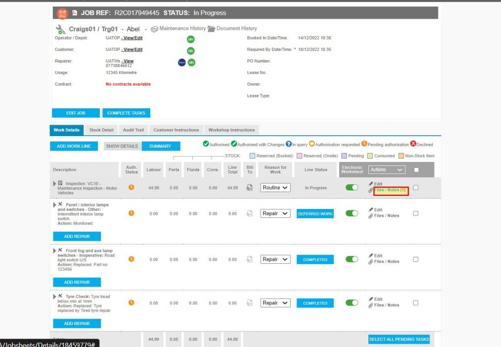 Step 2 - Attachments can be added at any time using the Files/Notes. link on a work line. You can also view attachments that have already been added by the technicians using the same link.