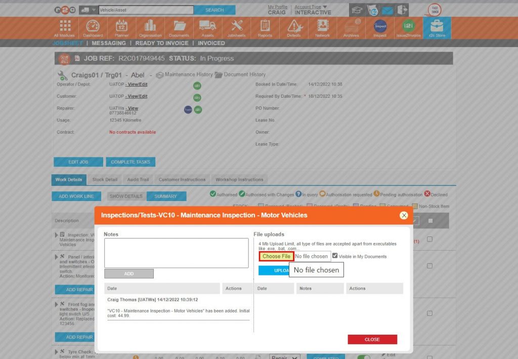 Step 3– The Files/Notes popup will already have system generated notes, but these can be added to. To add an attachment Click 'Choose file' to browse.