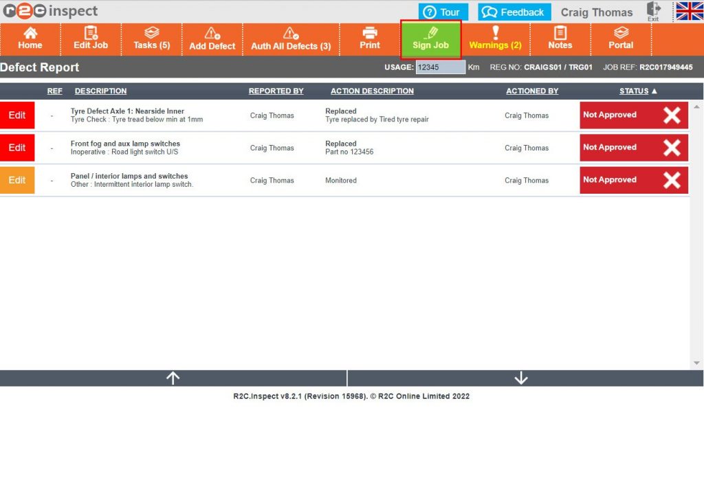 Step 1 – The inspection sheet can now be signed by the technician, Click Sign Job.