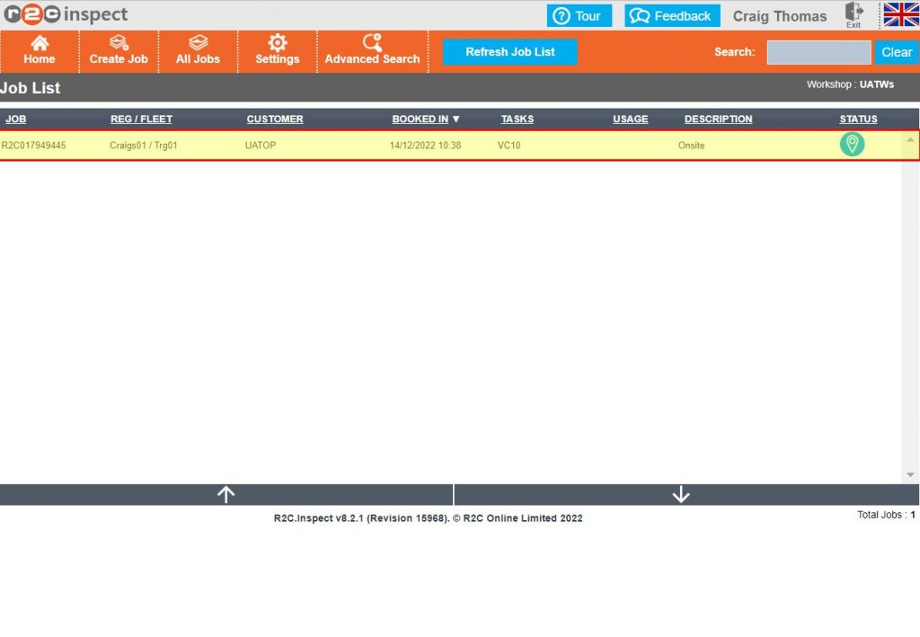 Step 1 – To open the next inspection sheet from the homepage, the jobsheet must first have been flagged as onsite, this may have been carried out by a member of the workshop admin staff. In a busy workshop this homepage will contain all work waiting to be started, marked as Onsite, and all work In Progress.