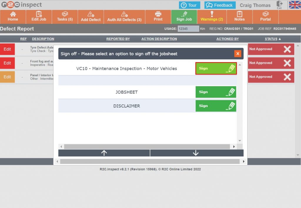 Step 2 – Where a technician does not have foreman rights, only the work can be signed and the jobsheet will be locked/reserved for the foreman’s signature.