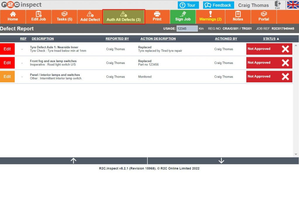 Step 1 - When the foreman signs in or if the technician is also a foreman, then the following steps should be taken. If tasks exist, these can be viewed but not amended, for the defect report each of the defects can be approved or rejected by selecting the ‘Not Approved’ button, where all actions are approved, Click Auth All Defects.