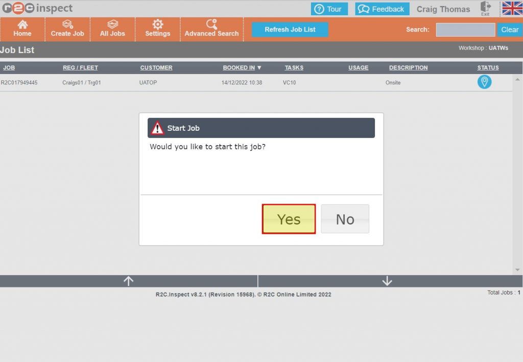 Step 2 – By clicking Yes to starting the job it becomes allocated to that user and the job is automatically marked as In Progress.