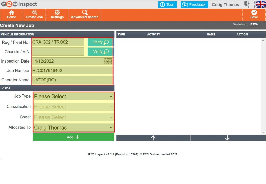 Step 2 – The vehicle information can be found by entering the Reg/Fleet No. and searching for the details. The task type can be any of the standard job types or bespoke jobs the organisation possess. Once done Click Add+