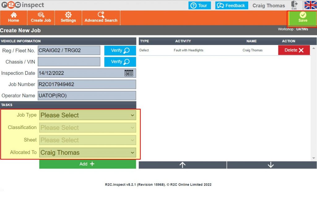 Step 3 – The jobsheet can be built up with additional tasks and /or defects before Clicking Save.