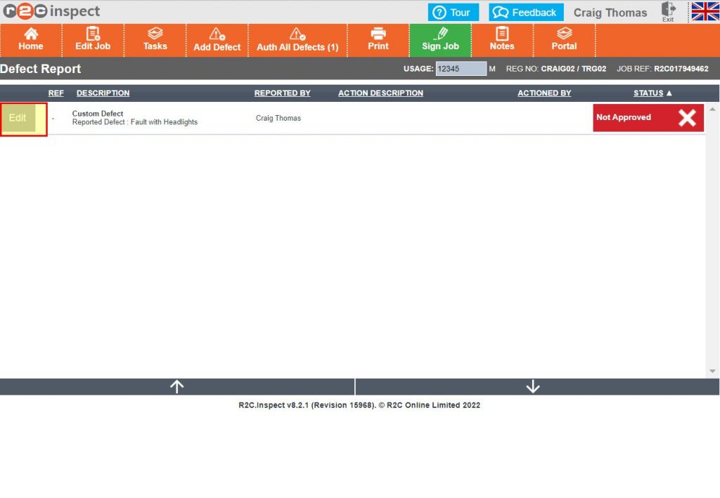 Step 5 – This example shows a defect only job with no tasks to perform which can be carried out in the same manner as previously described.