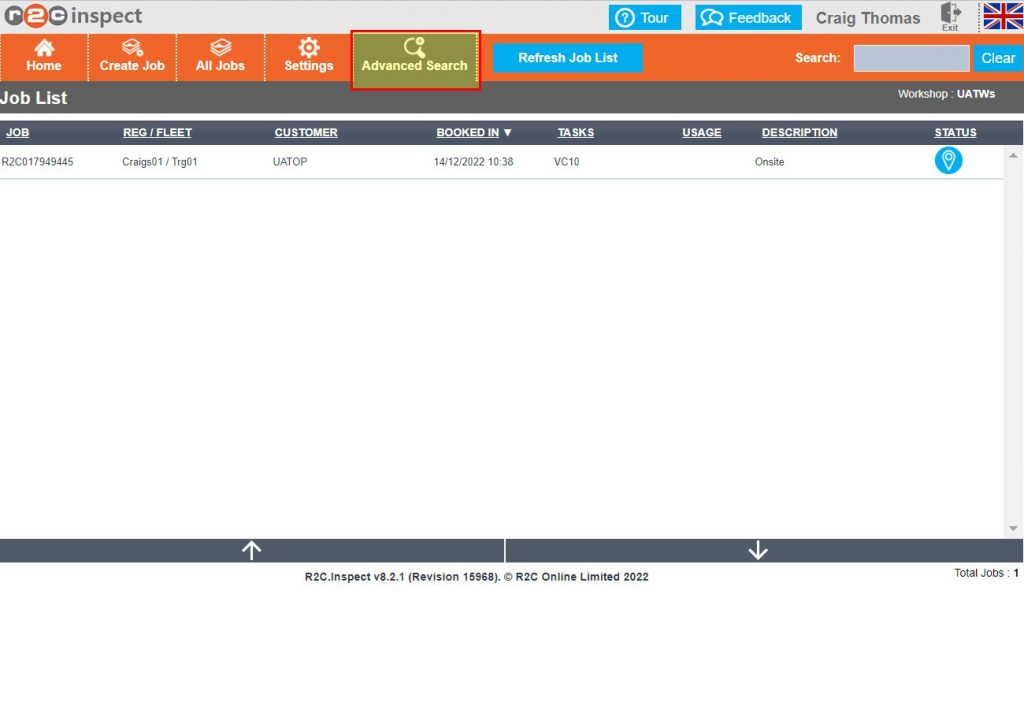 Step 3 – Where a job has not been marked as On Site, the Advanced Search can be used.