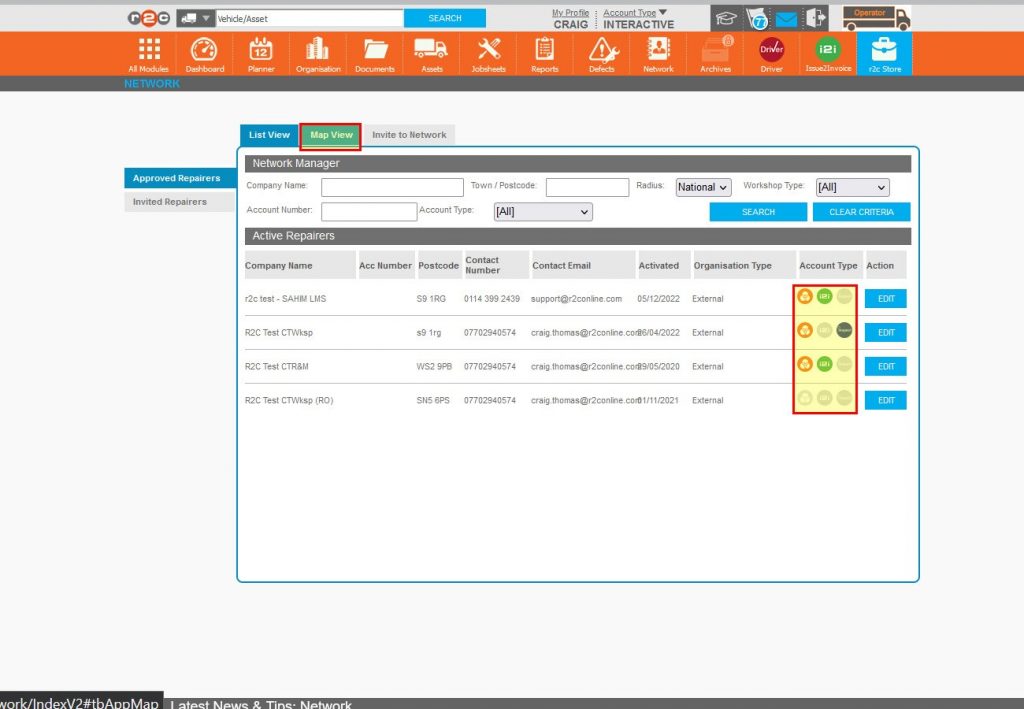 Step 2 – The list view tab holds the details of the repairers, including the level of interactivity on r2c. Click Map View.