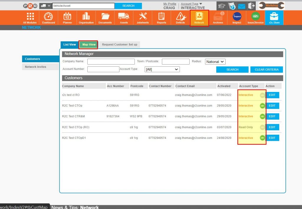 Step 1 – The Network page initially displays a list view of customers; their level of interactivity is displayed in the account type column. Click Map View.