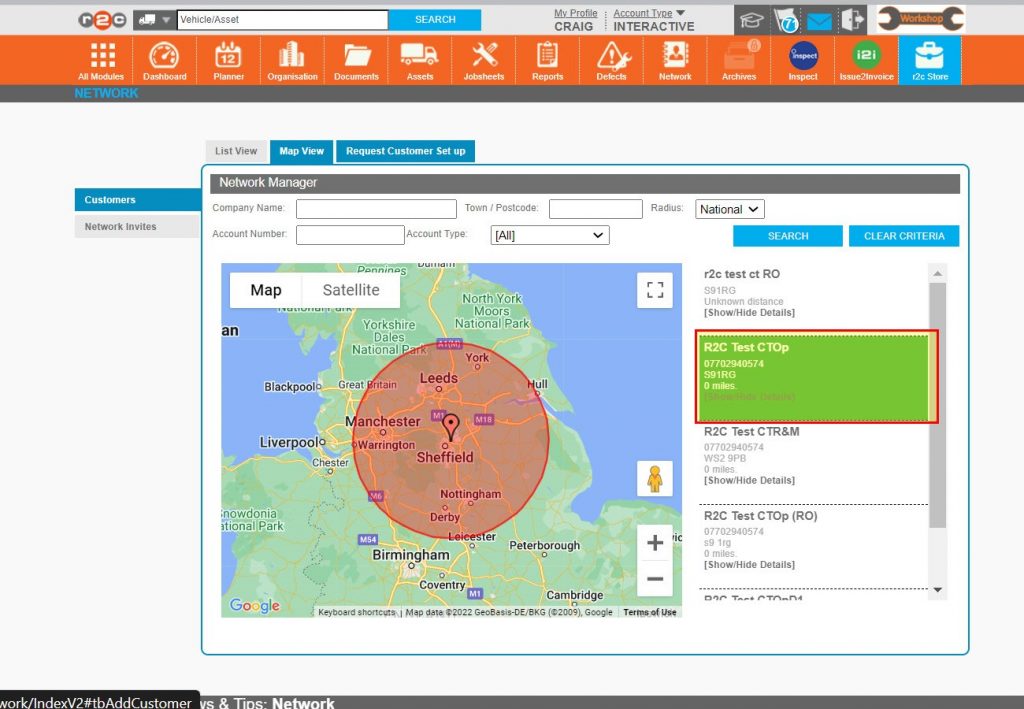 Step 2 – By searching and the selecting the customer, their location will be displayed in the Google maps interface. Useful when onsite work is required.