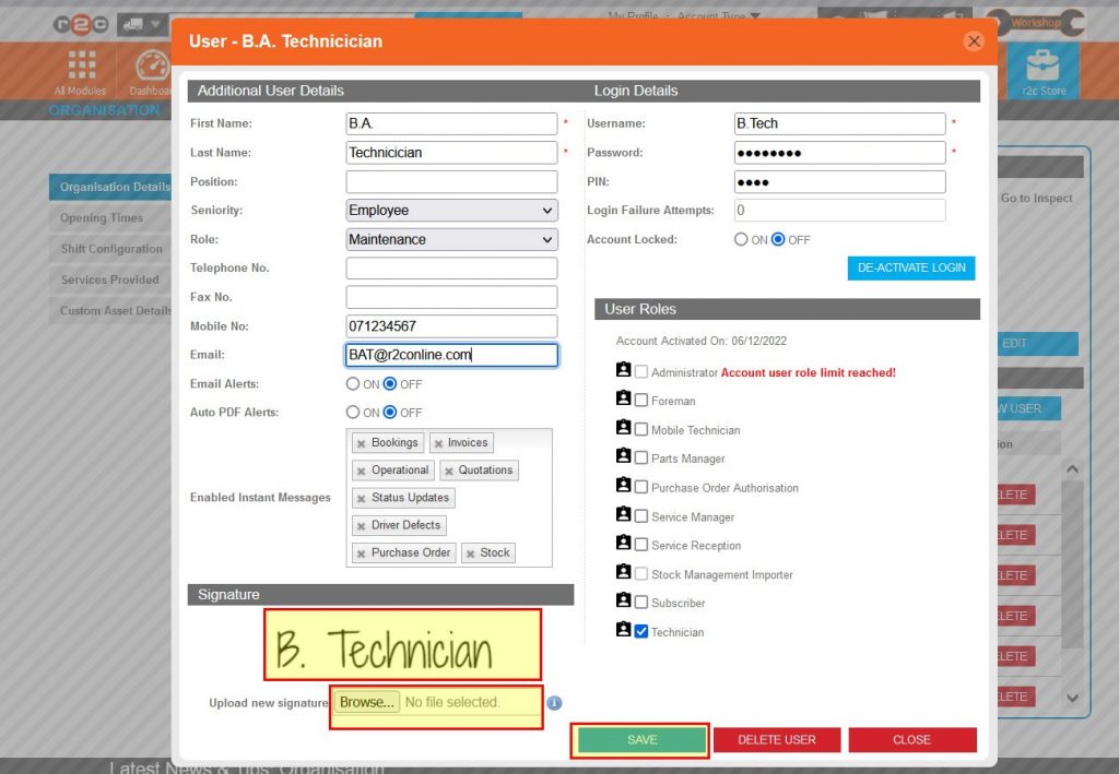 Step 5 – As an optional feature, technicians and foremen can upload a handwritten signature to their account, this signature will the be applied to jobsheets in the future. Click SAVE.