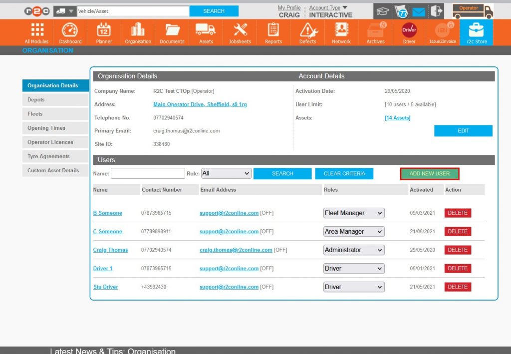 Step 1 – To add a new user, from the Organisation page and Organisation Details tab, Click ADD NEW USER.