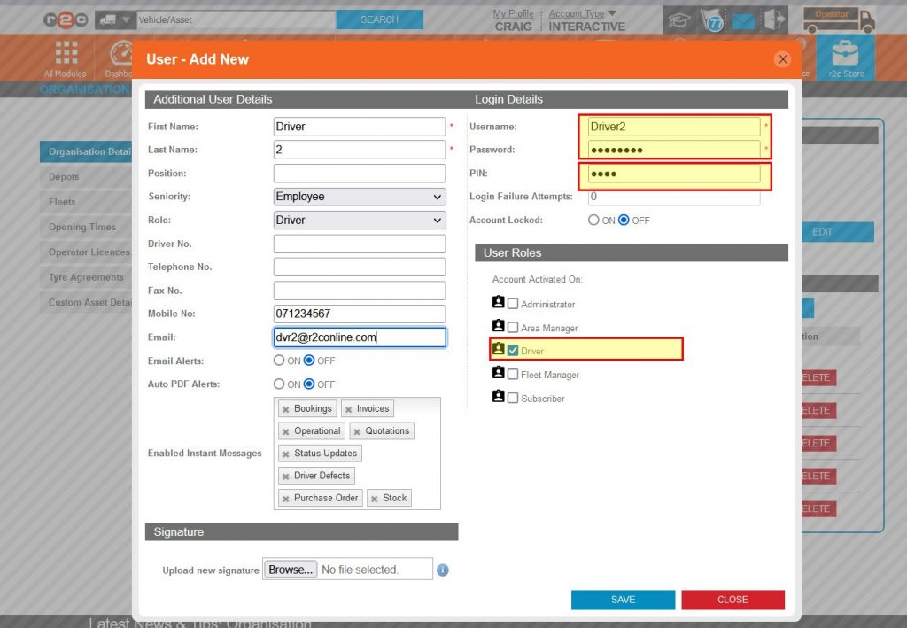 Step 3 – The new users login details should be inline with the business processes. Where the new user is a driver, ensure to also enter a PIN and flag them with a driver role, it’s these two pieces of information that allow access to the driver app. Finally Click SAVE.