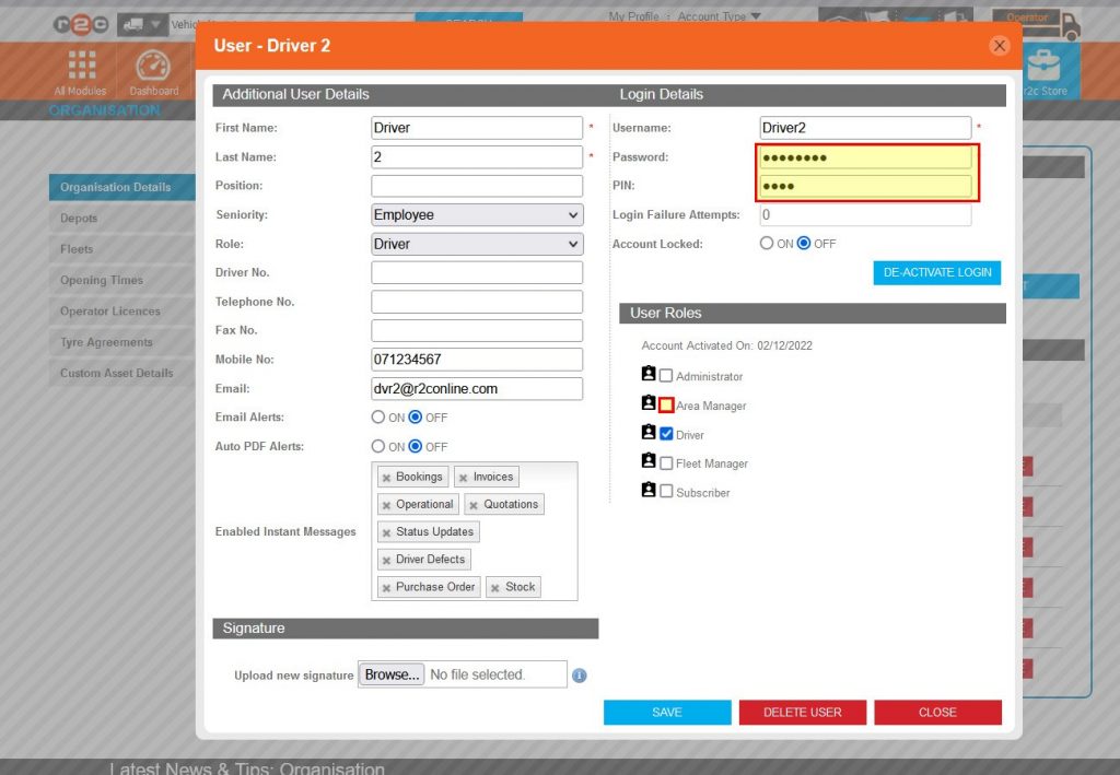 Step 5 – Any of the user’s details can be amended, including, adding additional roles, or amending security details. Note: Passwords and PINs are never displayed however an administrator, or the user can overtype the existing details before clicking save.