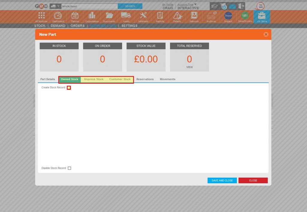 Step 10 – After the part details are complete, a stock record is also required, this can be one of three types; Owned Stock, Impress Stock or Customer Stock. To select the stock type, click the Create Stock Record tick box.