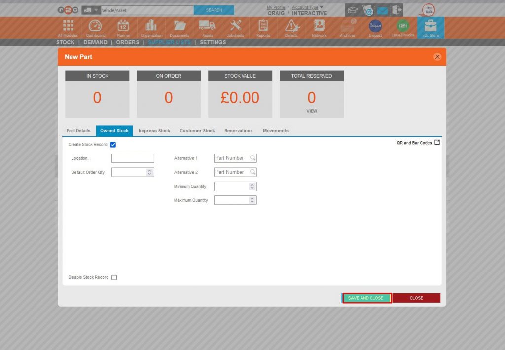 Step 11 – The information entered on the stock record is optional however as these fields do interact with the stock system and they are recommended fields. Click SAVE AND CLOSE.