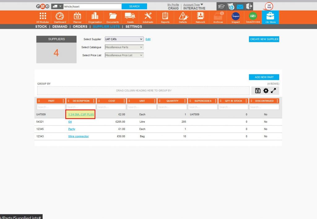 Step 12 – Parts can be amended or monitored by first locating the part and clicking on the part description.