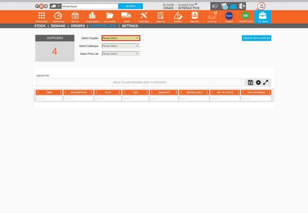 Step 2 – There are two types of supplier catalogues, main suppliers of which there can be many and the Own catalogue of which there can be only one. Click the Supplier drop down list.