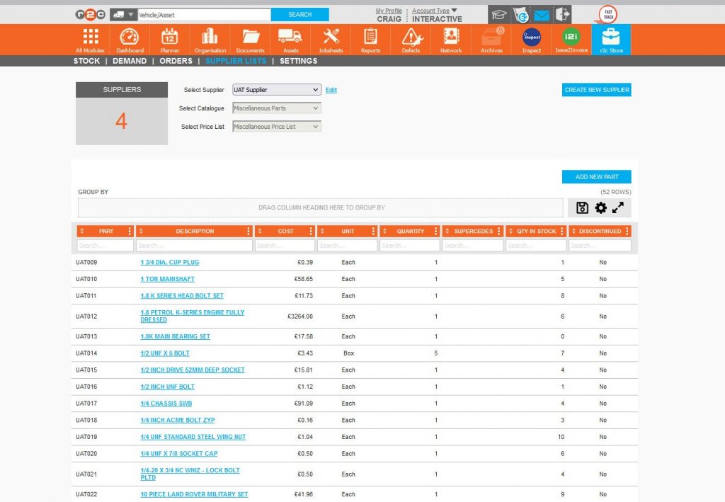 Step 3 – Once selected, the suppliers list of parts and quantities in stock are displayed.