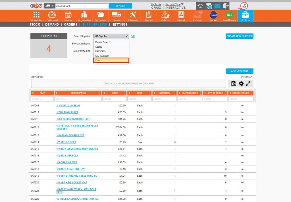 Step 4 – The second type of catalogue is the Own catalogue, there is only one instance of the Own catalogue, but it can be used for a variety of reasons such as one-off purchases, refurbished parts or parts that have been fabricated locally.