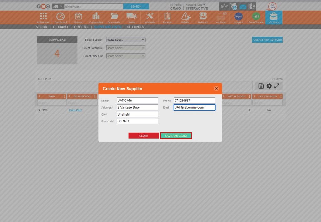 Step 6 – The new supplier fields can now be completed before selecting SAVE AND CLOSE.