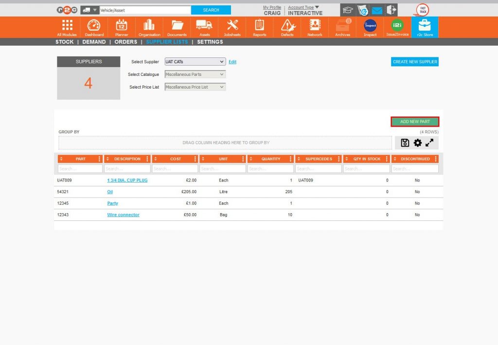 Step 8 – To add parts to a new supplier, an existing supplier or the Own catalogue the user must be a Parts Manager. Click ADD NEW PART.