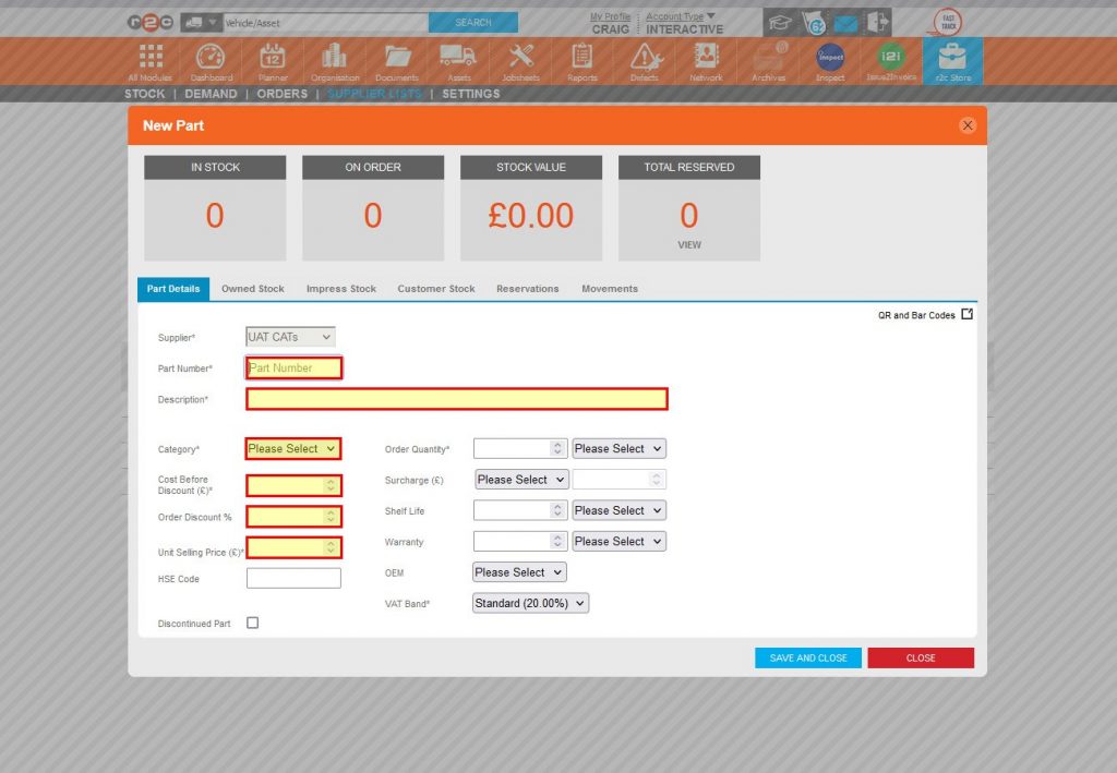 Step 9 – The part can now be built up or amended on the Part Details tab. The fields highlighted here are the mandatory fields, all other fields are optional and for information only.