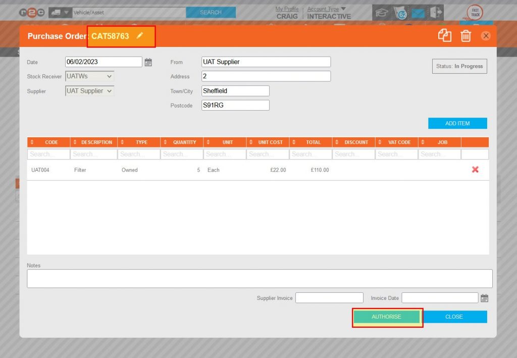 Step 1 – To process an existing PO, it must first be authorised by a user with the relevant role. If the current user does not have this role, then the authorise button would display REQUEST AUTHORISATION. This is also the first opportunity to amend the PO number if required.