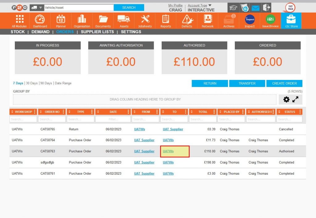Step 2 – Where a PO authorisation has been requested, the authorisation officer will receive an email alerting them to access r2c and process the job to authorised. From here the PO can be processed further by clicking on the authorised order.