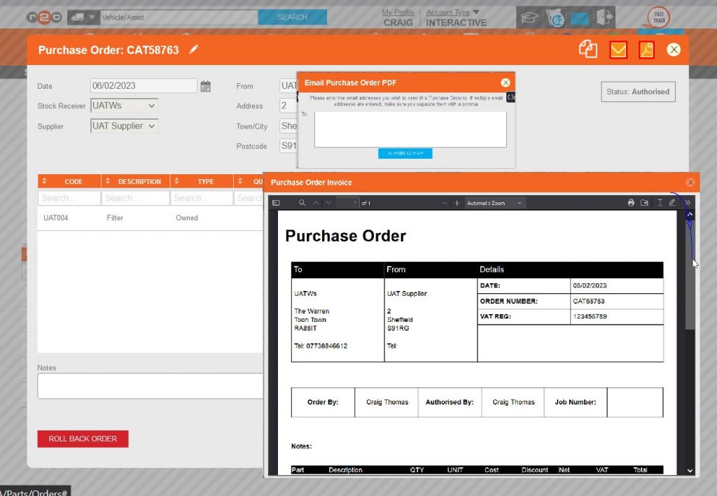 Step 3 – The PO can now be submitted to the supplier, r2c provides two pieces of functionality to assist, if required, in the form of PDF or the ability to email the PDF directly to the supplier. These links can be found in the upper right corner of the PO.