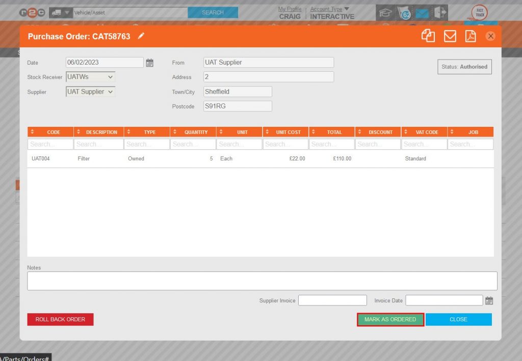 Step 4 – However the PO is submitted to the supplier; the PO should now be MARK AS ORDERED.