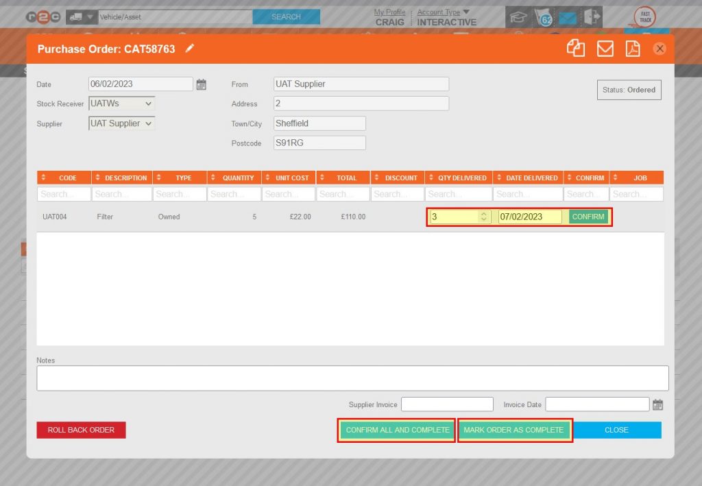 Step 3 – On receipt of the parts, the PO can be completed in one of two ways, CONFIRM ALL AND COMPLETE i.e. the  PO was fulfilled in full or MARK ORDER AS COMPLETE where a partial delivery has been made and those amount have been entered on the relevant lines.
