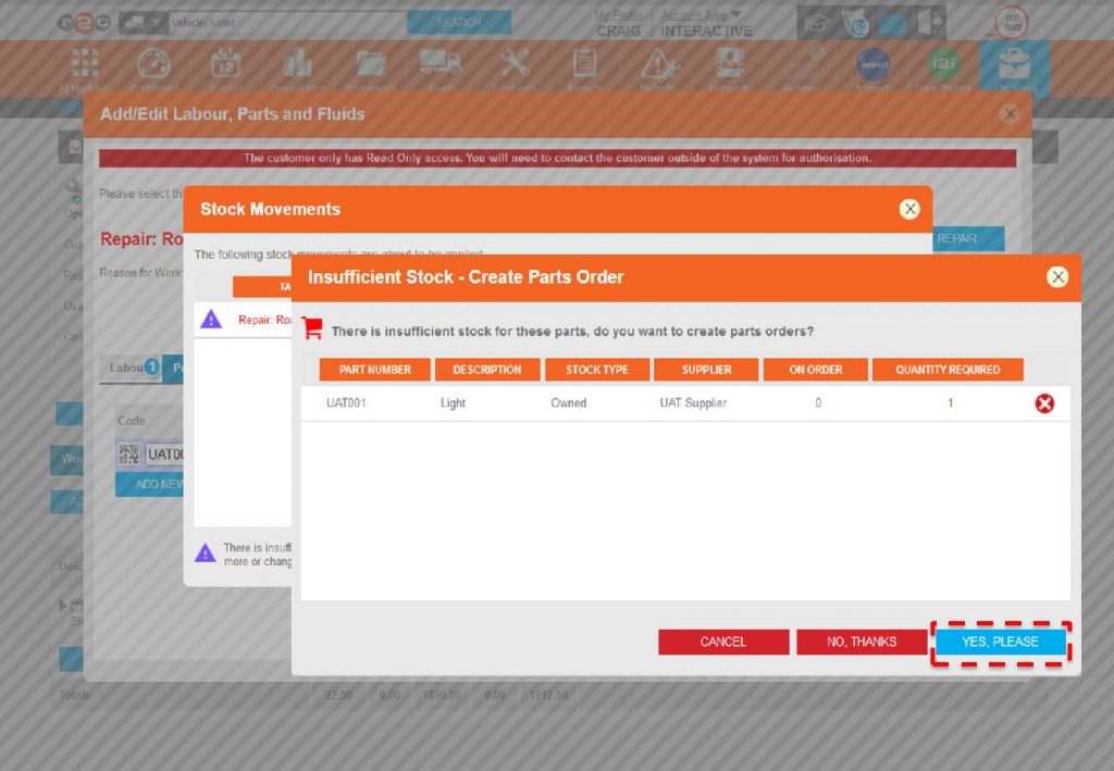 Step 1 – The first example of creating an order is where a part has been added to a jobsheet however there is insufficient stock, the user will be prompted to Create Parts Order, this prompt only occurs when there is no order for the same part in progress on the system.