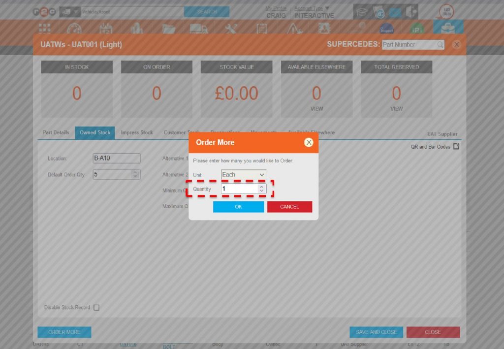 Step 2 – The second example is where the parts manager has identified a shortfall and has selected Create Order from the Part Record, unlike the jobsheet order more function where the requirement is auto infilled, a quantity can now be selected.