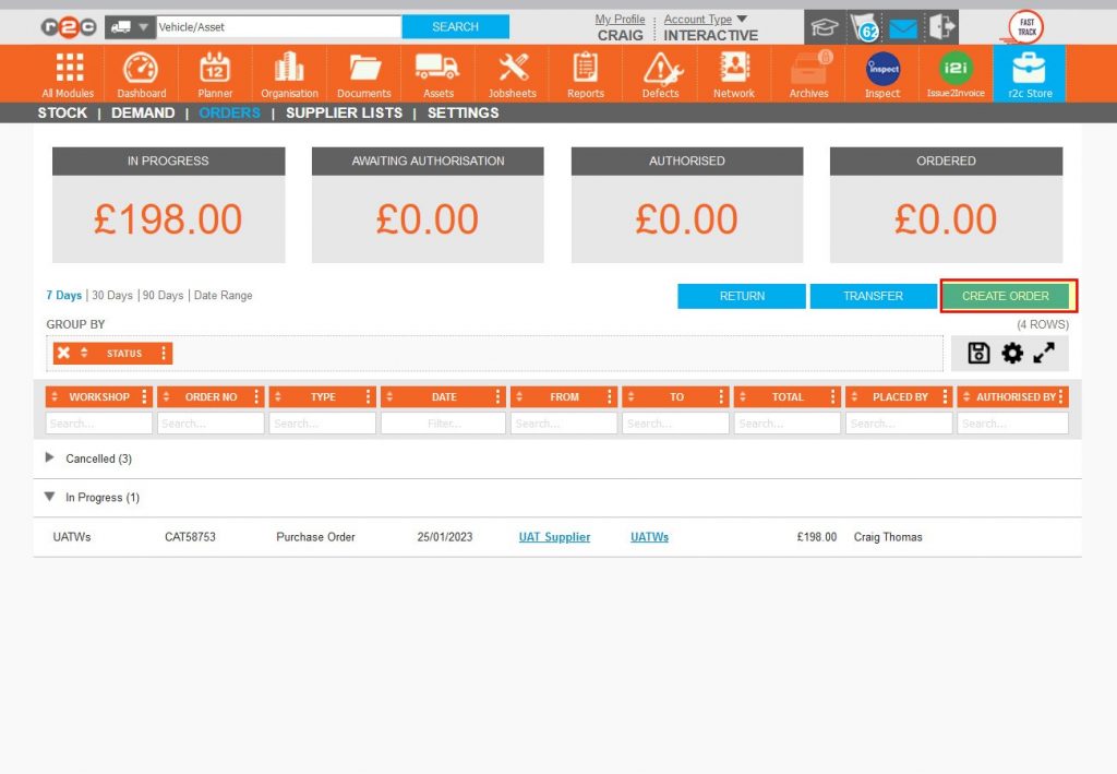 Step 3 – The third and final example is where an order is created from scratch. From within the ORDERS page Click CREATE ORDER.
