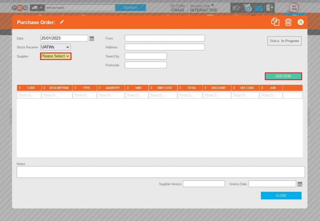 Step 4 – The Purchase Order (PO) can now be completed by first selecting the supplier from the drop-down list on the left and then ADD ITEM on the right.