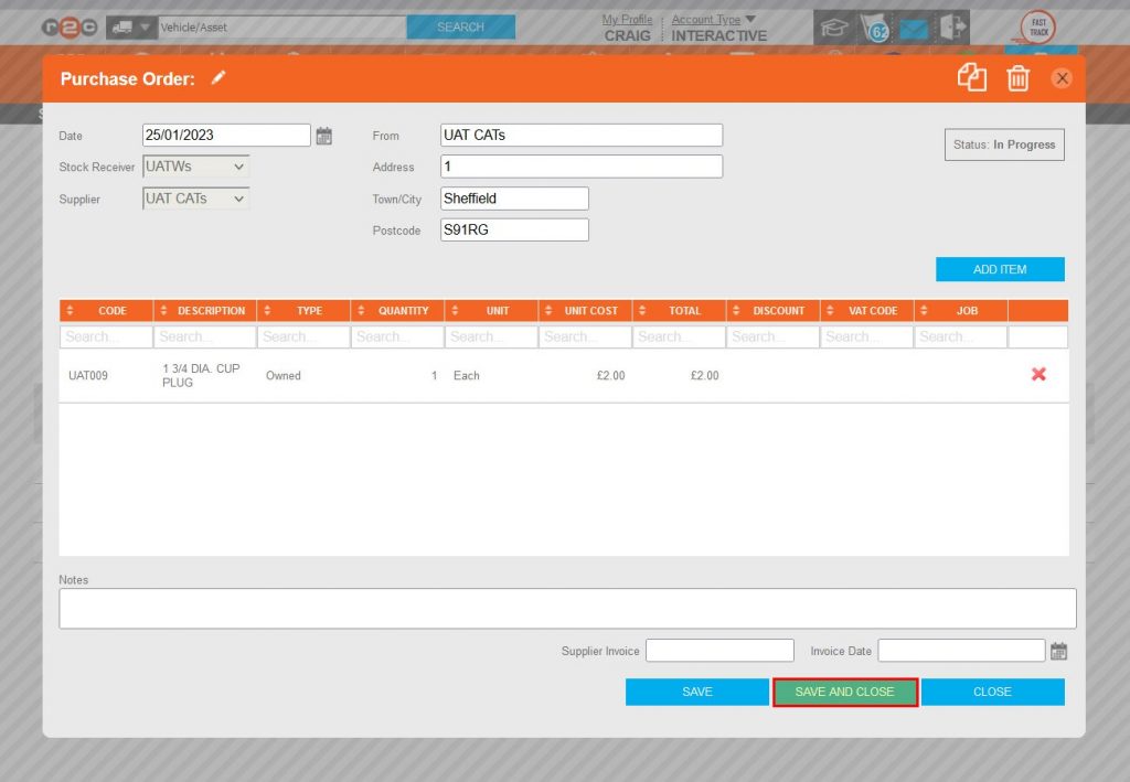 Step 6 – Before saving this PO, additional parts can be added providing the parts being added are from the same supplier. Once complete Click SAVE AND CLOSE.