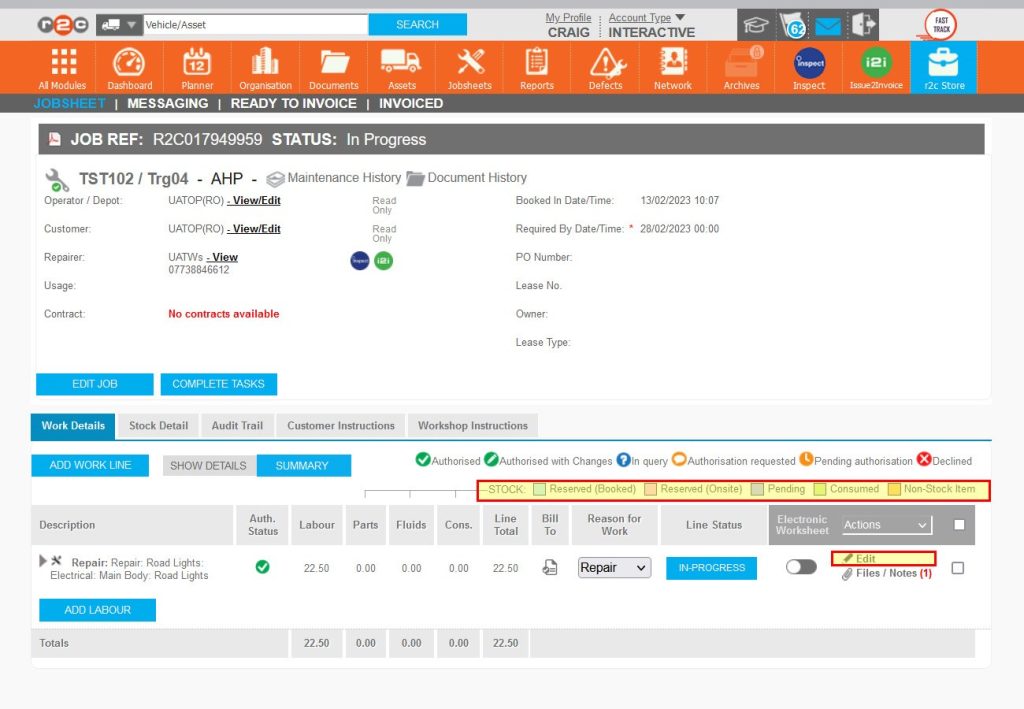 Step 1 – A stock jobsheet can easily be identified by the STOCK key, these colour codes highlight the status of the part in the stock system. The first two are for reserved stock, these are only applicable where parts are loaded to jobsheets in advance and display as reserved until the jobsheet is set to to In Progress. Click the Edit link to add parts.