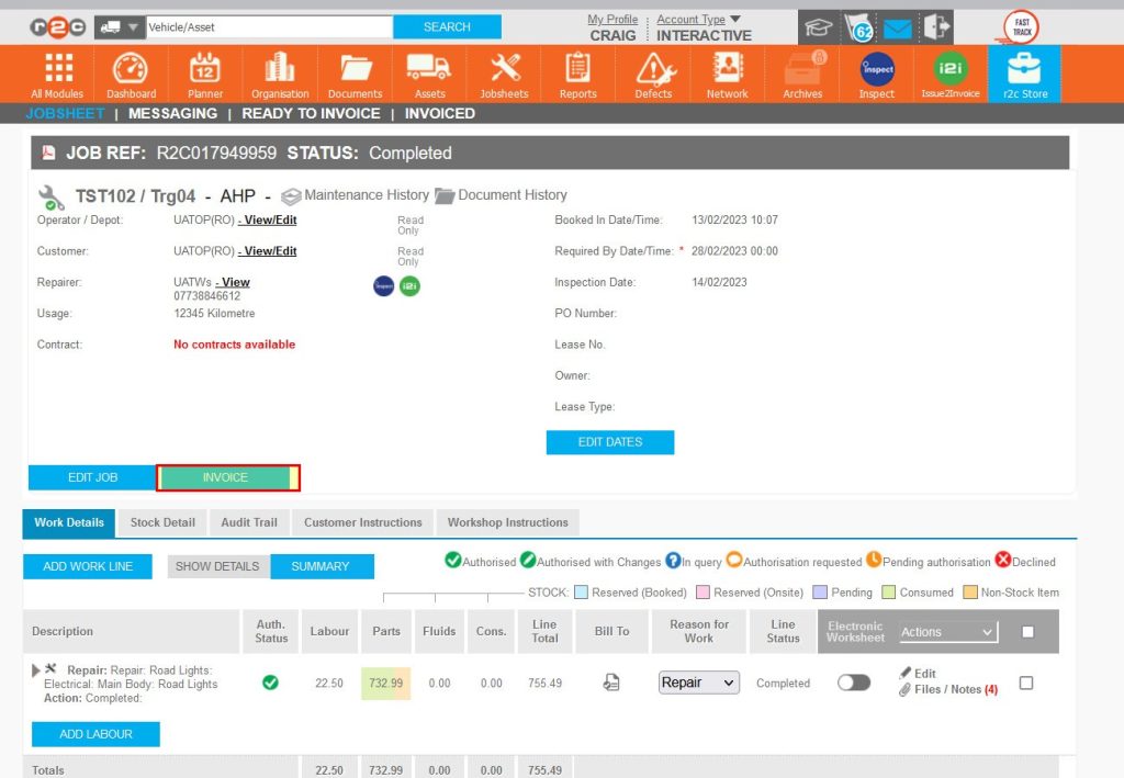 Step 10 – This example displays the Invoice button as the pending part has now been rectified.
