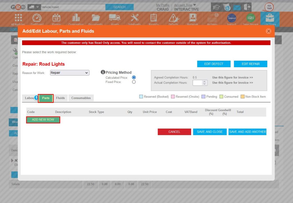 Step 2 – Select the Parts tab followed by ADD NEW ROW.