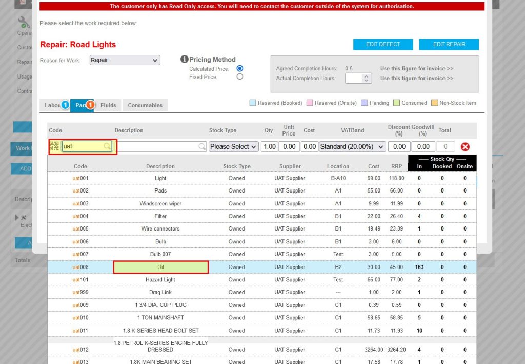 Step 3 – Parts can be added in one of two ways, by selecting the QR symbol and scanning the QR code or typing the part number in. The resulting drop-down list will display a filtered view of stock parts, the required part can now be selected.