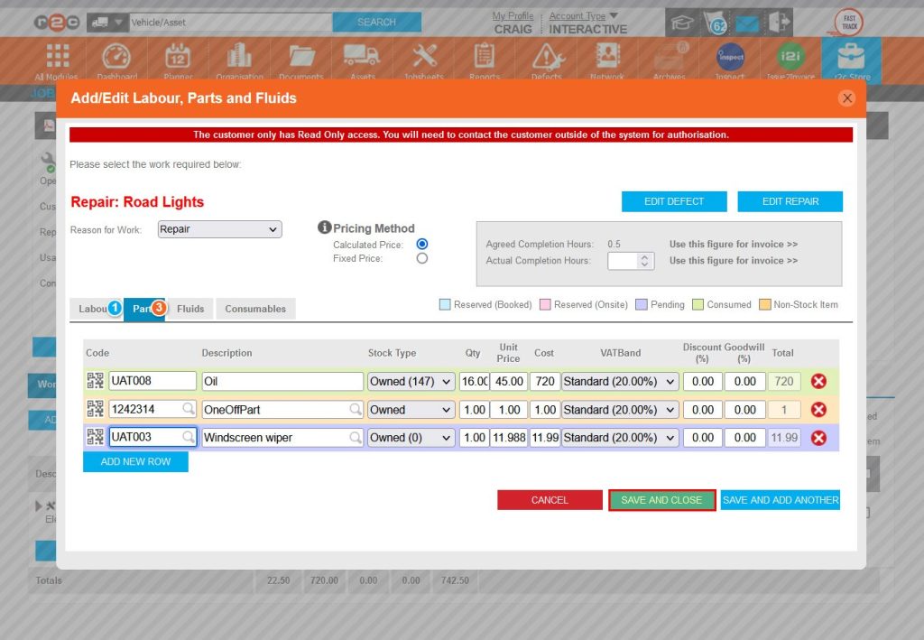 Step 4 – This example displays an In Progress jobsheet with a part that has been consumed (Green), a non-stock part (Sandy) and a part that is not currently on hand which now displays as pending (Purple). Click SAVE AND CLOSE.