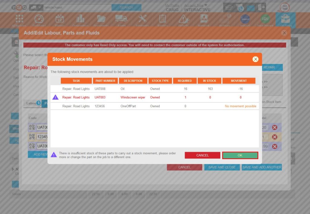 Step 5 – The stock system will attempt to move the parts from stock and onto the jobsheet. In this example, 16 Litres of oil have moved, no movement was required for the non-stock item but the windscreen wiper is not in stock and therefore displays an insufficient stock warning. Click Ok.